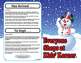 Photo of the Bi-Lingual Kids' Korner Gift Shoppes Watch For Flyer, which is given to each student in the school.